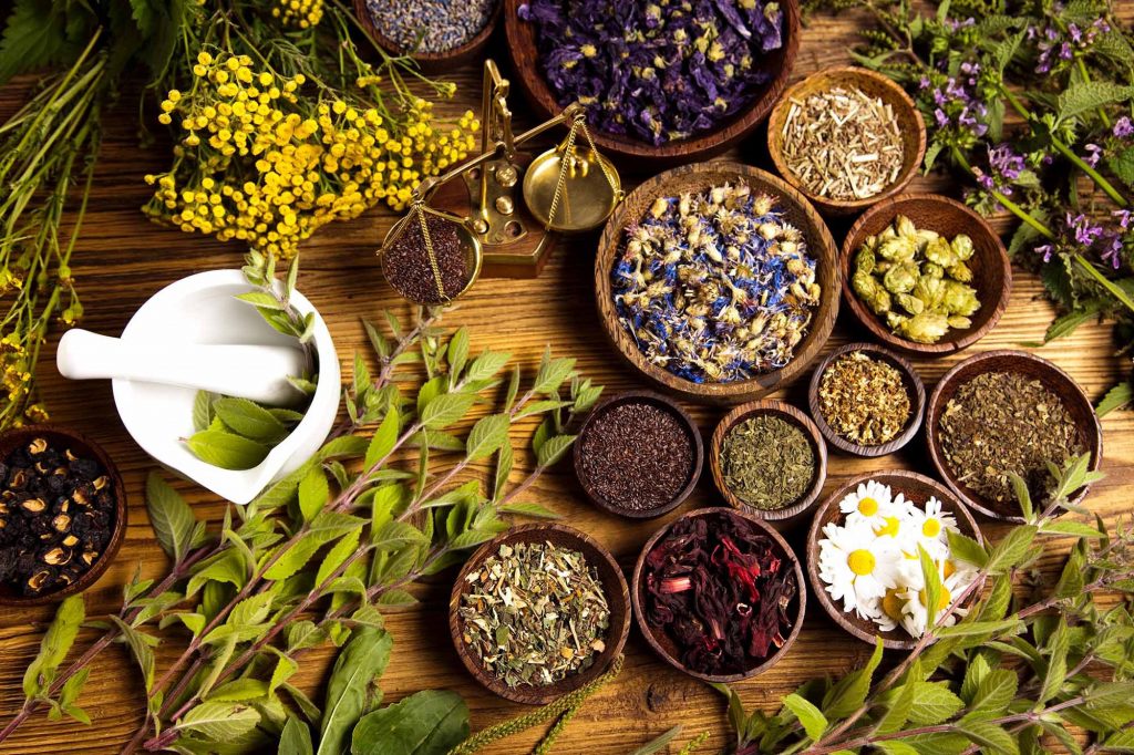 An assortment of natural herbs, flowers and botanicals